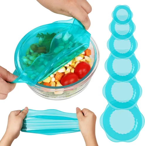 Vista 12 de Tapas elásticas de silicona para almacenamiento de alimentos en el refrigerador, fundas elásticas reutilizables para tazas, latas, tarros