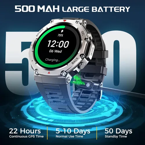 Vista 5 de Reloj inteligente militar para hombre, reloj inteligente con GPS integrado, 5 ATM, impermeable, 1.43 pulgadas, AMOLED, resistente, rastreador
