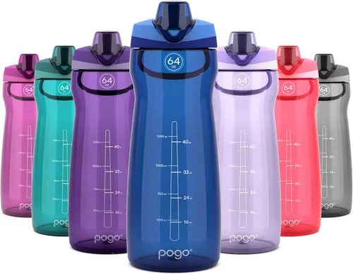 Vista 22 de Pogo Botella de agua de plástico tritán sin bisfenol A con tapa con pico de 18 onzas, color azul