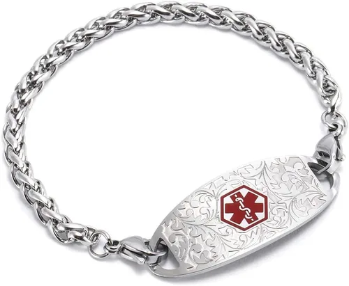 Vista 6 de Pulsera de identificación de alerta médica, cadena de acero inoxidable intercambiable con etiqueta de filigrana, pulseras de identificación