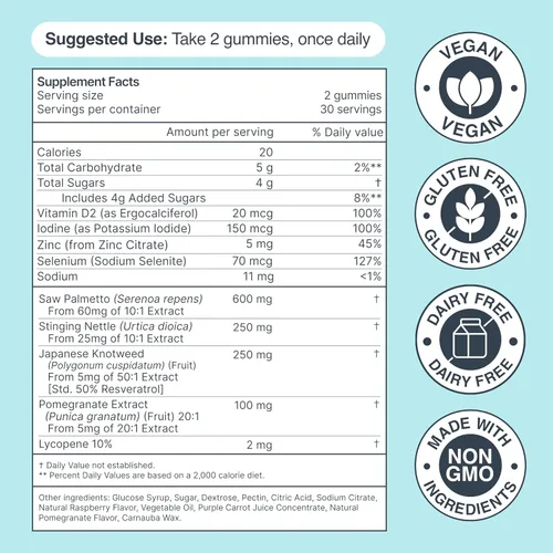 Vista 6 de Gomitas para la salud de la próstata para hombres y mujeres con palma enana americana y licopeno, suplementos para la próstata, apoyo urinario
