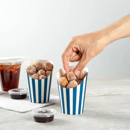 Vista 5 de Restaurantware Bio Tek - Recipientes de papas fritas de 12 onzas, 100 tazas desechables de charcutería, diseño inclinado, redondo, a rayas