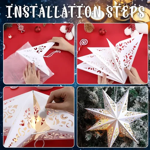 Vista 3 de 3 Piezas Faroles de Papel de Navidad de 20 Pulgadas con Forma de Estrella Decorativos de 7 Puntas de Papel Blanco con 6 Piezas de Luces LED