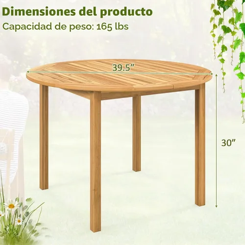 Vista 3 de Tangkula Mesa de comedor redonda para exterior, Mesa de madera de acacia para 4 personas de gran tamaño, Mesa de patio estilo granja para bistró