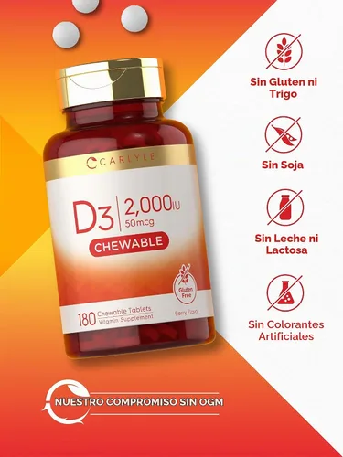 Vista 5 de Carlyle Vitamina D3 masticable 2000 UI (50mcg) 180 tabletas masticables