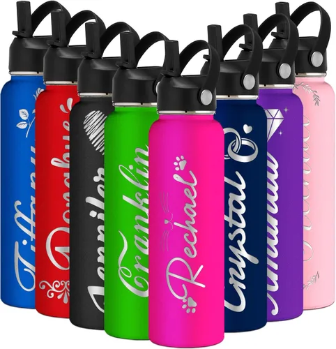 Vista 13 de Botella de agua grabada personalizada aislada con pajilla, botella de agua deportiva personalizada con nombre, botella de agua de acero inoxidable