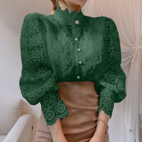 Vista 2 de Camisas elegantes con ribete de encaje para mujer, blusa victoriana casual de manga larga con botones