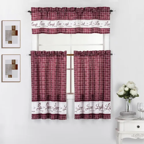 Vista 9 de Interior Trends Live Love Laugh - Juego de 3 cortinas estampadas para ventana de cocina con cenefa y paneles en niveles