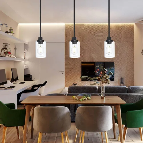 Vista 6 de TODOLUZ Lámparas colgantes industriales negras, iluminación colgante de cocina con pantalla cilíndrica de vidrio transparente para granja, comedor