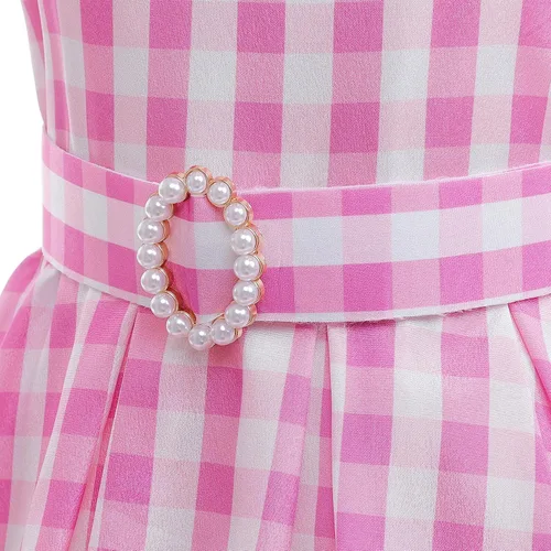 Vista 4 de Kids Movie Heroine Costume Dress Girls Pink Plaid Dress Outfits Halloween Costume Movie Party Cosplay with Accessories