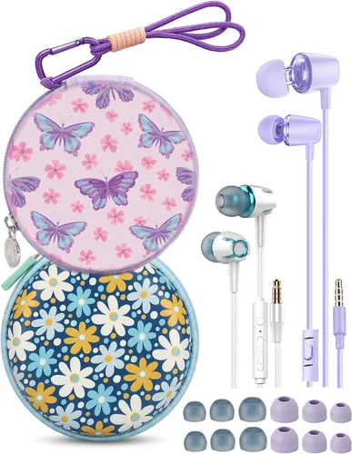 Vista 9 de 2 paquetes de auriculares para niños (azulvioleta) GOGOSINIS 2-Pack Teens Wired Student Earbuds with Carabiner Clips to Attach on School