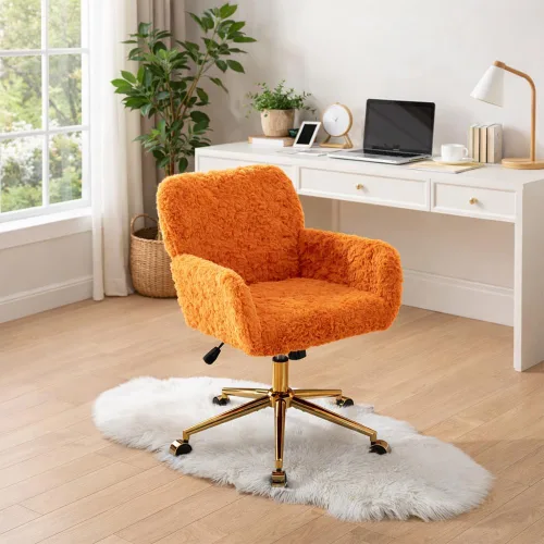 Vista 3 de Silla de tocador de piel sintética, silla de escritorio giratoria ajustable con ruedas y base dorada, cómoda silla ancha de maquillaje mullida