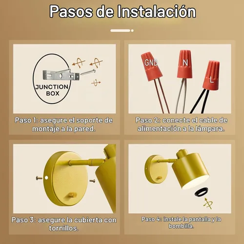 Vista 7 de Lightess Juego de 2 Apliques Decorativos de Pared con Interruptor, Aplique de Pared Dorado Regulable Giratorio de 350° con Cableado Directo, Luces