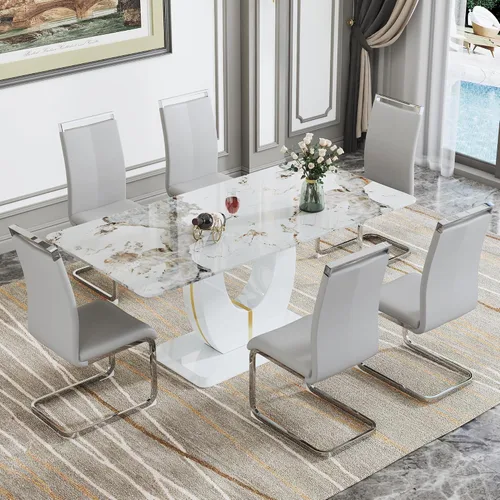 Vista 45 de JUFU Juego de mesa de comedor moderno para 4, juego de mesa de cocina rectangular de 63 pulgadas con mesa de mármol sintético y 4 sillas tapizadas