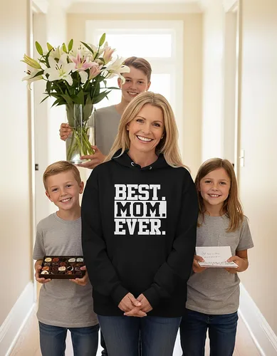 Vista 3 de Tstars Sudadera con capucha Best Mom Ever para mujer, acogedora sudadera para el día de la madre, regalo para madres de hija o hijo Mejor / Negro