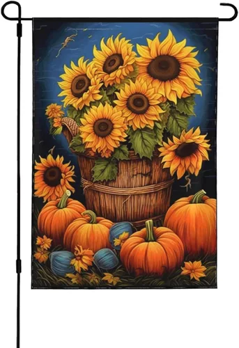 Vista 13 de Bandera de Estados Unidos, calabazas y girasoles, bandera de jardín, otoño, vacaciones, bienvenida, patio, granja, exteriores, banderas decorativas