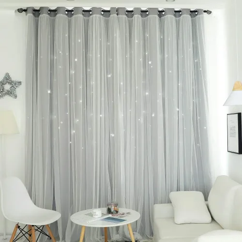 Vista 4 de UNISTAR 2 paneles de cortinas opacas y transparentes con estrellas para dormitorio, niñas, habitación de bebé, doble capa con recorte de estrellas