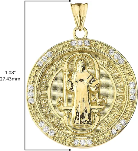 Vista 3 de Colgante redondo de oro amarillo de 14 quilates diamante de 110 quilates 10in medalla de San Benito color J-K claridad I1-I2 metal Piedra preciosa