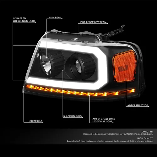 Vista 2 de DNA MOTORING HL-HPL-F15004-BK-AM - Faros delanteros negros de repuesto para 04-08 F-150 06-08 Mark LT secuencial persecución ámbar LED señal de giro