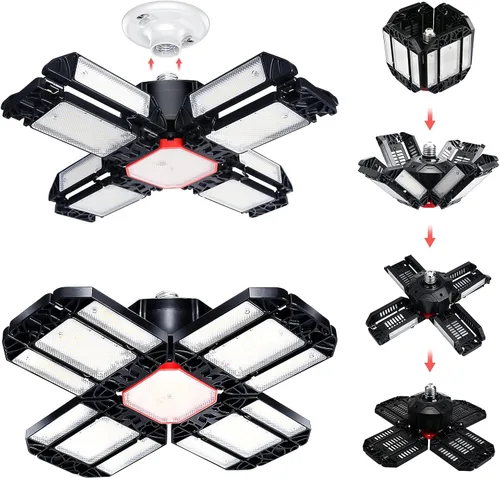 Vista 8 de Luces de garaje LED de techo, 12 paneles enchufables con 180 W, 18000 lúmenes, 6500 K, 12 hojas deformables multiposición, base E26 E27 ideal