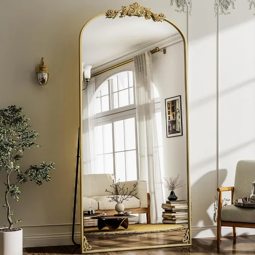 Vista 19 de GLSLAND Espejo Vintage - 72" x 44" Espejo de Cuerpo Completo Grande Tallado Arqueado con Marco de Metal Barroco Espejos de Cuerpo Completo para Negro