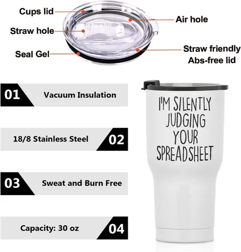 Vista 7 de Vaso de viaje de acero inoxidable con texto en inglés "I Silently Judging Your Spreadsheet", vaso de viaje de acero inoxidable de 30 onzas, vaso