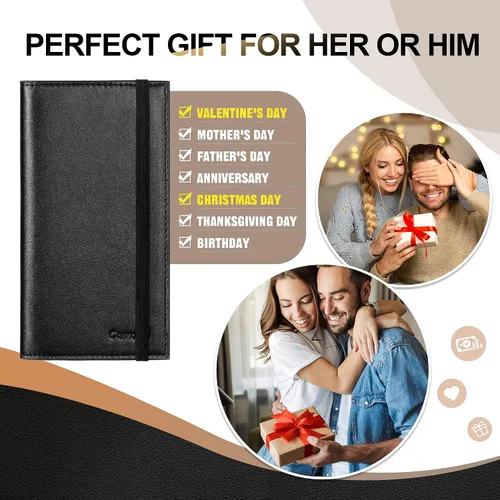 Vista 3 de CASMONAL Fundas de chequera para chequera personal RFID de cuero premium para chequera duplicada (negro), Negro -, Minimalista