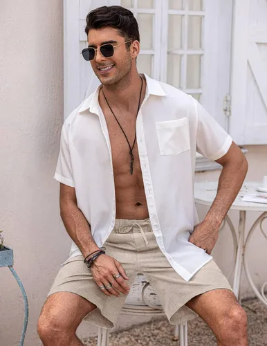 Vista 4 de COOFANDY Pantalones cortos de lino para hombre con cintura elástica y cordón para playa