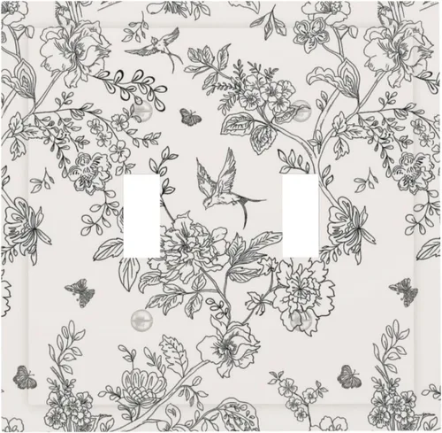 Vista 123 de Cubierta de tomacorriente eléctrico dúplex individual estilo campestre con diseño floral de flores y pájaros en blanco y negro, placa de pared de 1