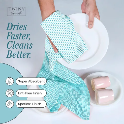 Vista 6 de TWINY threads Juego de toallas de cocina con diseño de diamante, 100% algodón, trapos grandes y trapos de lavado, absorbentes de secado rápido