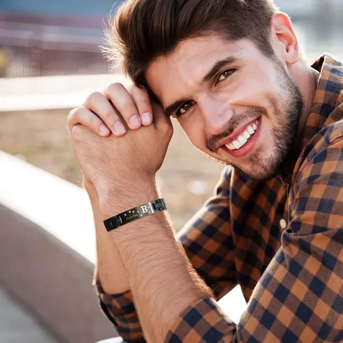 Vista 3 de Pulsera de dos tonos de acero inoxidable para hombre, chapado en iones negro y azul, regalo para hombres, marido, padre