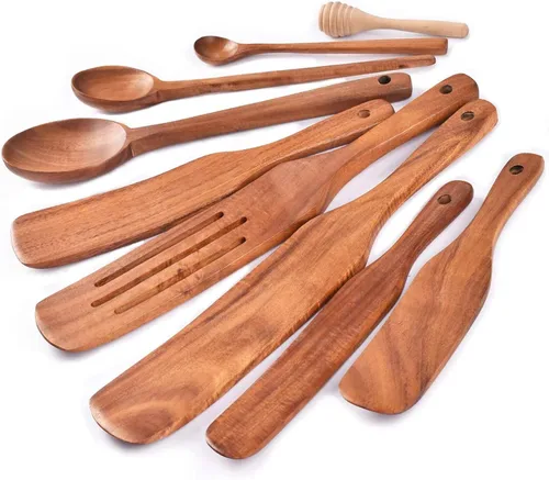 Vista 8 de Juego de espátulas de Pakkawood, Gudamaye 5 piezas de utensilios de cocina de Pakkawood, cucharas de madera para cocinar, utensilios de madera