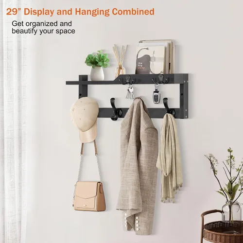 Vista 5 de dreampossible Perchero de pared con estante, perchero de pared con ganchos para llaves y soporte para correo, estante flotante de entrada de madera