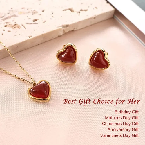 Vista 7 de Temoto Valentines Day Girlfriend Gifts Necklace - Gold Carnelian Crystal Heart Necklace for Women Teen Girls Love Gifts for Her