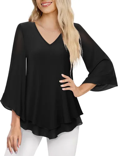 Vista 2 de Lotusmile - Blusa de vestir para mujer, camisa de malla de doble capa, manga acampanada 34, blusas de túnica