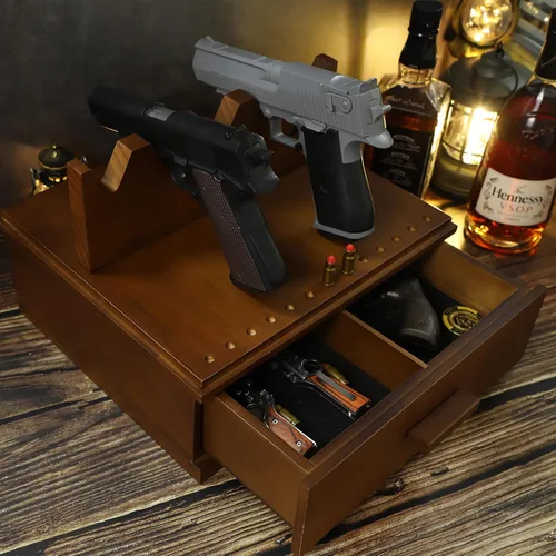 Vista 6 de Soporte para pistola de pistola, caja de exhibición de madera para 5 ranuras para pistola de bala, 11 agujeros para pistola de bala, organizador