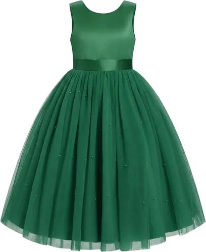Vista 5 de IBTOM CASTLE Vestido de niña de las flores, vestido de princesa de tul con Verde oscuro