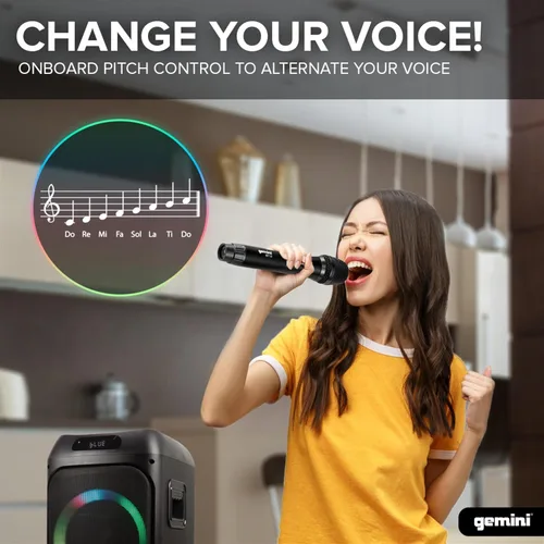 Vista 4 de Gemini Sound GHK-2800 - Altavoz de fiesta con refuerzo de graves, luces LED y efectos de cambio de voz, karaoke Bluetooth, incluye micrófono