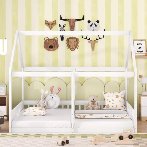 Vista 10 de Harper & Bright Designs Marco de cama para niños con 2 camas de plataforma individual, con techo triangular de madera, cama Montessori de suelo Gris
