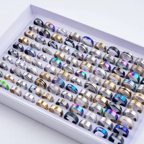 Vista 8 de 100 unidslote Moda Acero Inoxidable Raya Corazón Amor Anillos Joyería Para Mujeres Hombres Mezcla Estilo Fiesta Regalos Con Caja Al Por Mayor