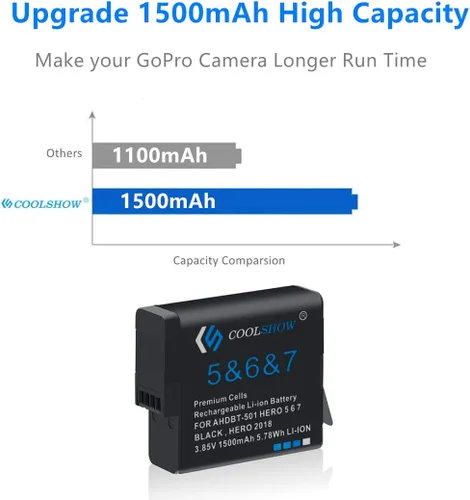 Vista 3 de COOLSHOW - Batería de repuesto para Hero 7, 6, 5 (paquete de 2) y cargador Triple Hero 7 compatible con GoPro Hero 7 Black, Hero 6 Black, Hero 5