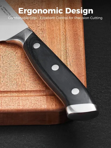Vista 5 de Santoku - Cuchillo de 7 pulgadas, hoja alemana de acero inoxidable, cuchillo de corte profesional, mango ergonómico de madera de Pakkawood