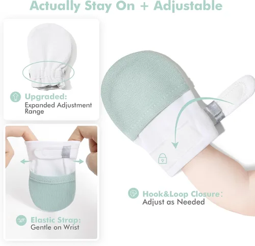 Vista 3 de HAPIU Manoplas para bebé que no se rayan, 100% algodón transpirable, guantes ajustables para niños y niñas, recién nacidos, 12 M
