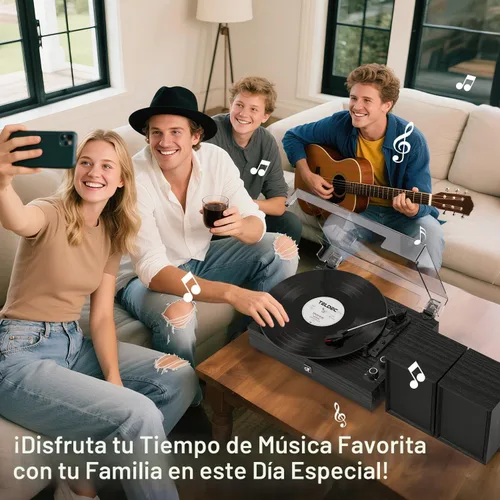 Vista 6 de Tocadiscos Bluetooth con altavoces externos con transmisión por correa Negro (Black Wood)