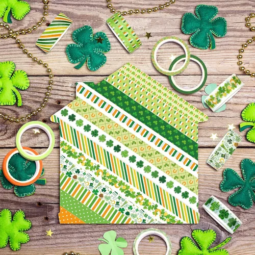 Vista 6 de Whaline 12 rollos de cinta washi del día de San Patricio, bandera irlandesa, cinta adhesiva Washi de trébol de la suerte, color naranja y verde