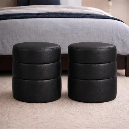 Vista 3 de HomePop Otomana redonda tapizada de piel sintética (sin tapa, solo asiento) HomePop Decoración para el hogar Pouf redondo para reposapiés – Piel