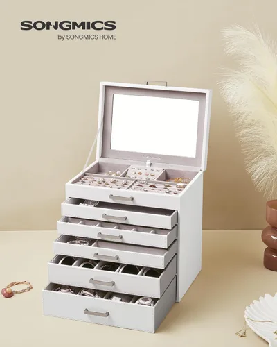 Vista 2 de SONGMICS Joyero, organizador de joyas de 6 niveles, joyero grande con espejo grande, 5 cajones, gran capacidad, almacenamiento de joyas