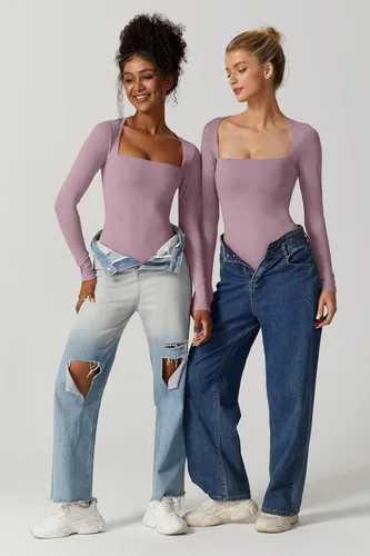 Vista 5 de QINSEN Body sexy de manga larga con cuello cuadrado para mujer