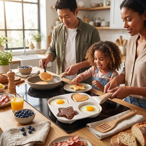 Vista 4 de Sartén para huevos de 4 tazas, cocina de hamburguesas para panqueques de huevo, fácil desayuno, olla antiadherente de aleación de aluminio con mango