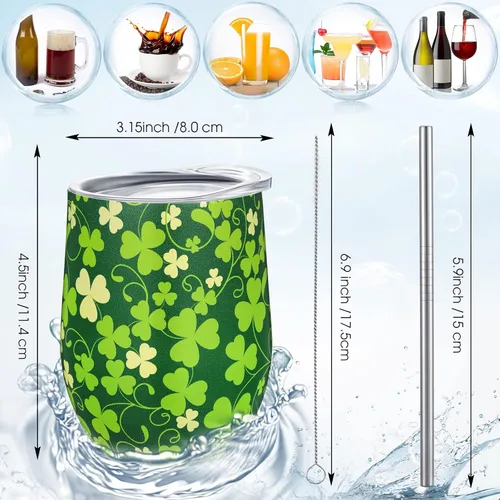 Vista 5 de Zopeal 4 vasos de vino del Día de San Patricio, tazas de café de acero inoxidable de 12 onzas, regalos irlandeses para mujeres y hombres, vasos